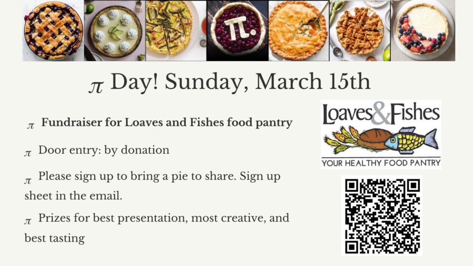 Stock pictures of pies and event information. Pi Day, March 15, 2026. Entry by donation. Fundraiser for Loaves and Fishes Food Pantry.